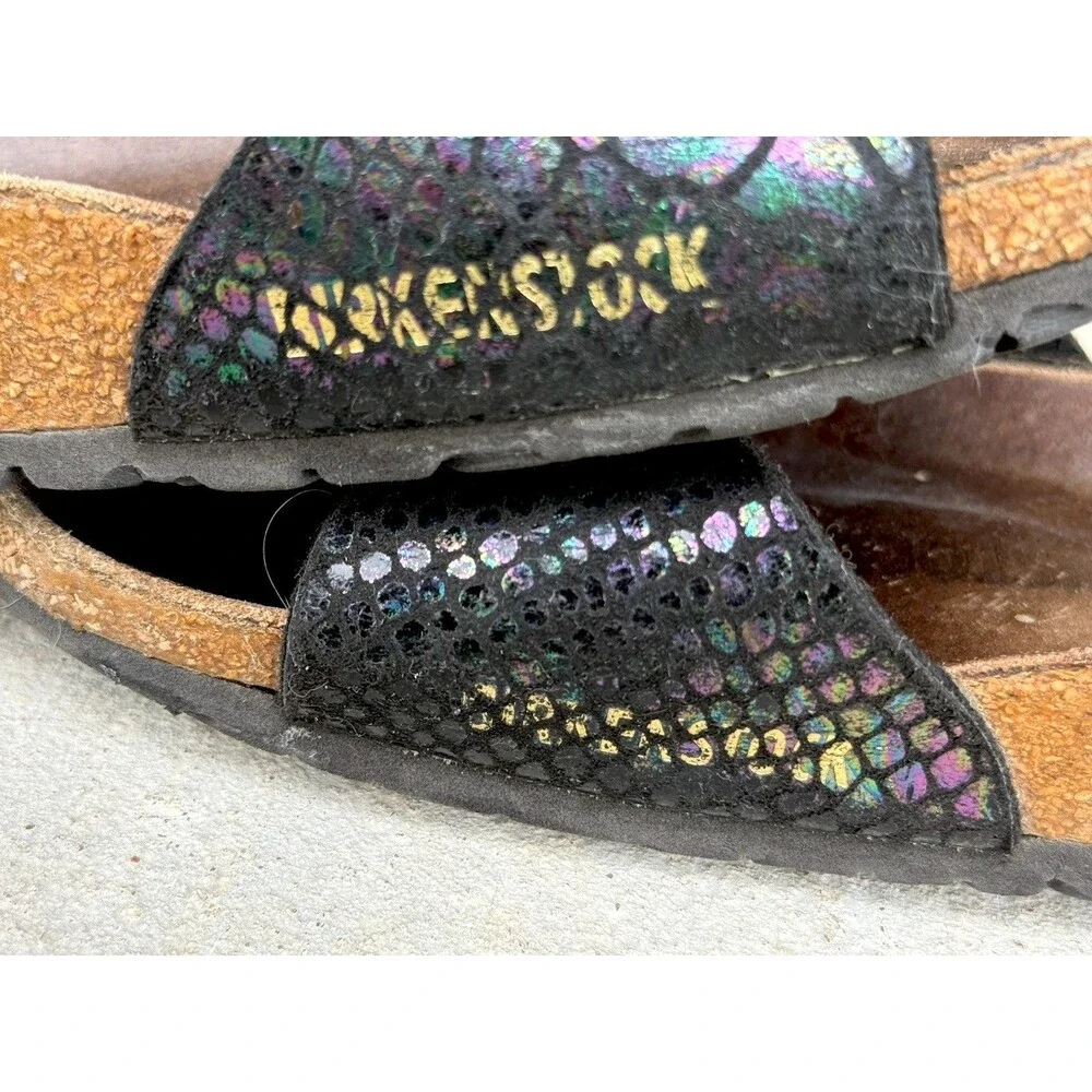 ⁠Birkenstock Madrid Black Metallic Python Snake Sandals Sz 38 Gold Buckle
